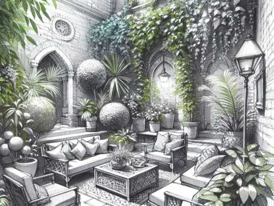 A peaceful oasis with a stone path, lush plants, and a cozy seating area.