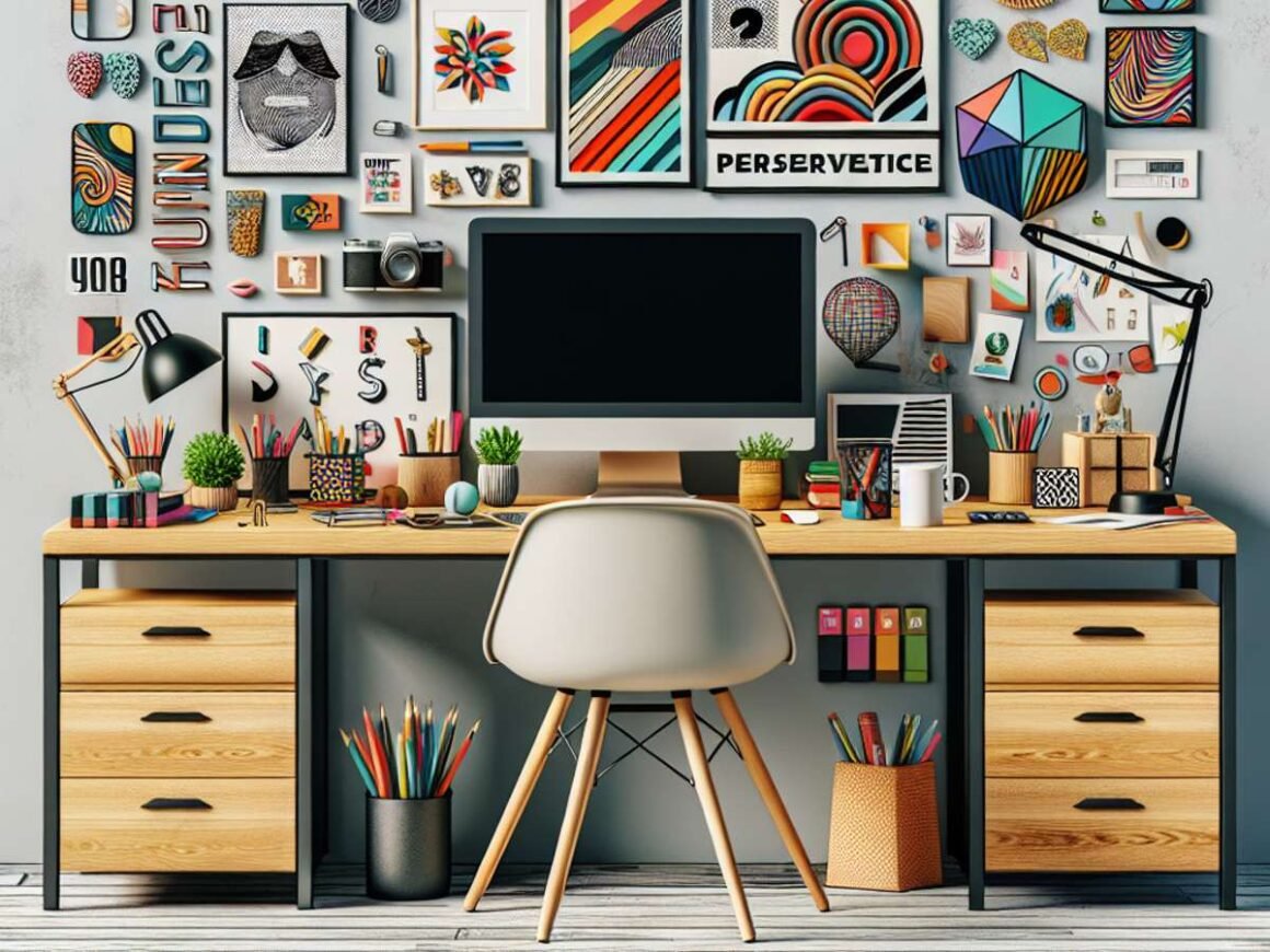 A vibrant and personalized office desk with motivational decor items and essential work tools.