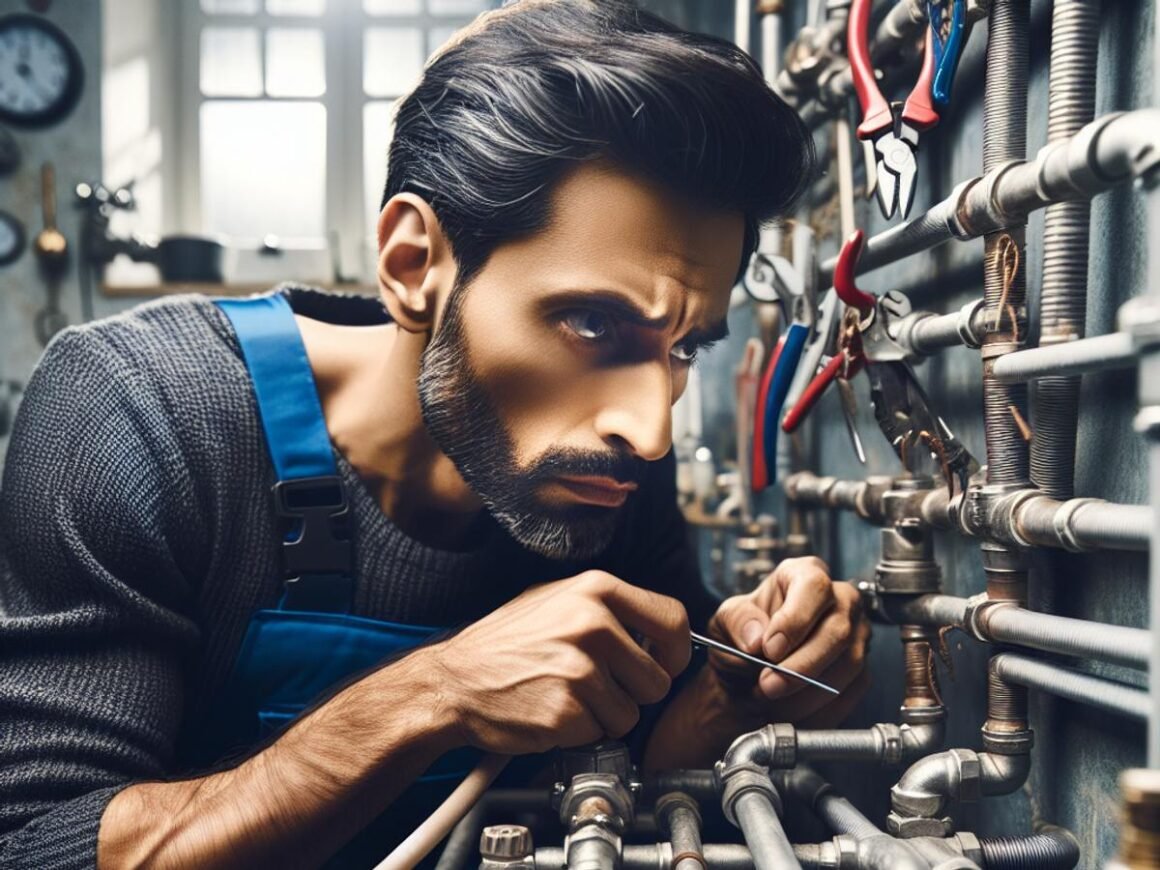 A plumber working on a complex plumbing system.