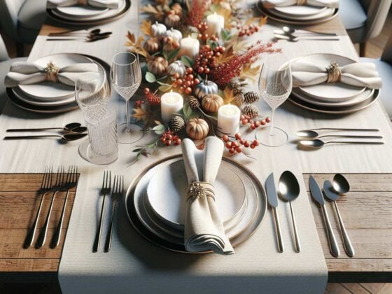 A beautifully set dining table with an elegant table runner, fine china, crystal glasses, and silverware, all reflecting the current season.