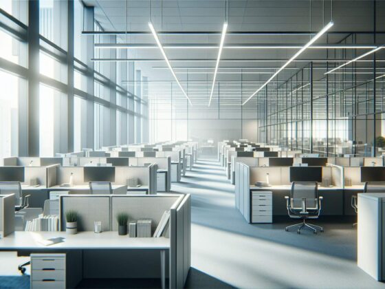 A sleek office cubicle with a minimalist design, illuminated by soft natural light, digital art style.