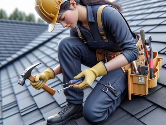 A woman with safety gear and tools working on a roof.
