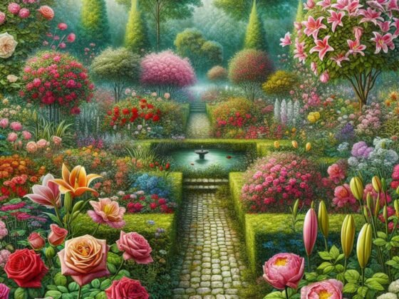 A garden filled with colorful flowers and a stone fountain.