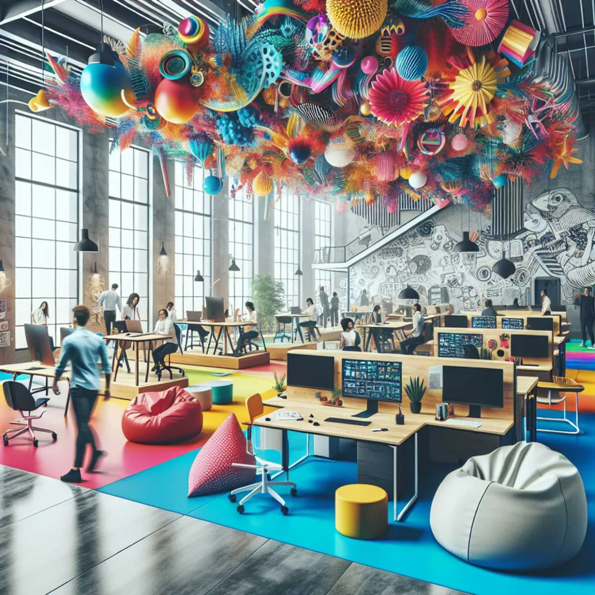 A vibrant and dynamic workspace filled with bursts of color, innovative office furniture, and creative objects. People of different descents and genders are working, reflecting, or collaborating together in the space.