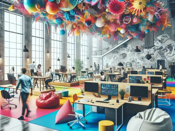 A vibrant and dynamic workspace filled with bursts of color, innovative office furniture, and creative objects. People of different descents and genders are working, reflecting, or collaborating together in the space.