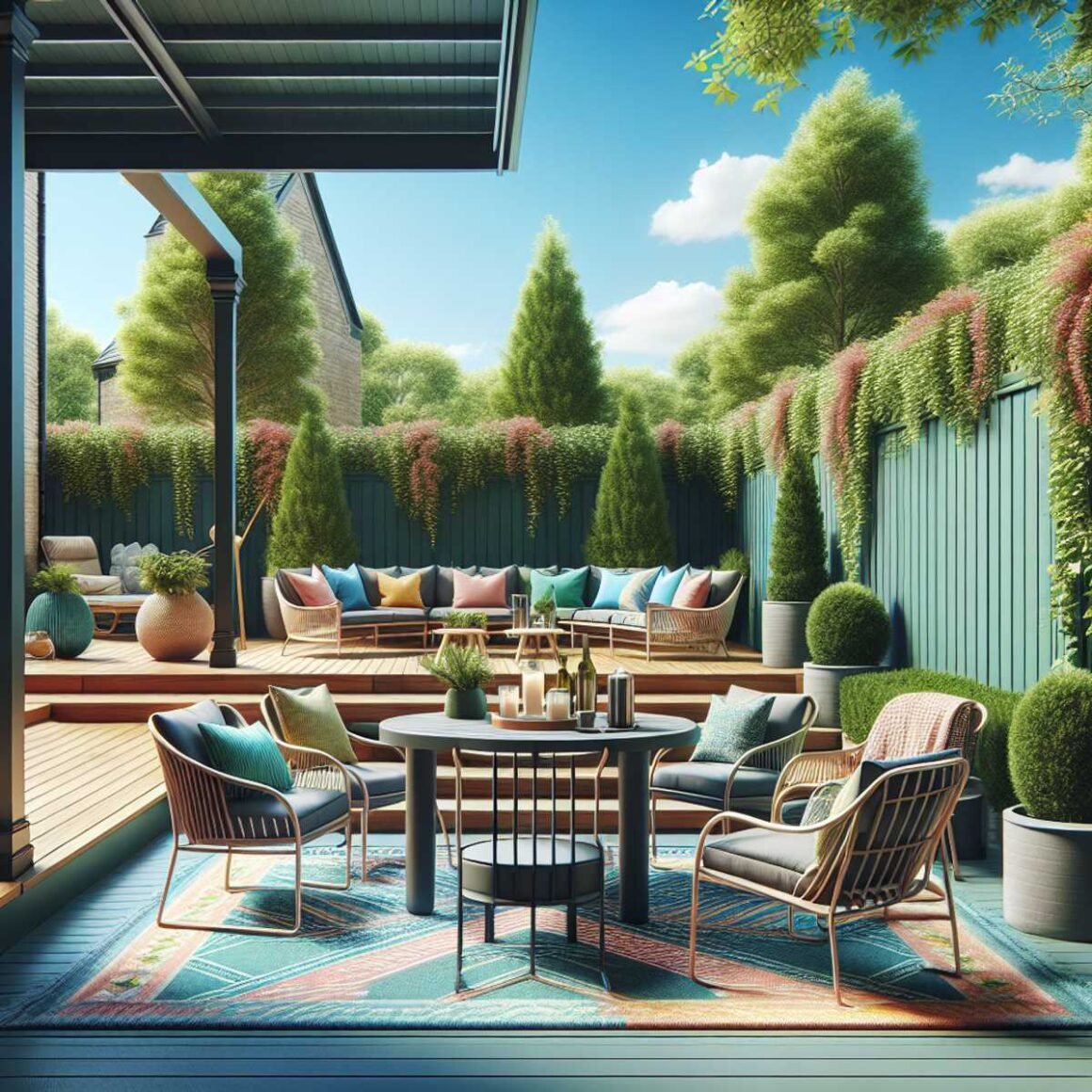 A vibrant outdoor patio with secured, tastefully furnished furniture including a sturdy table, comfortable chairs, an outdoor rug, and potted plants.