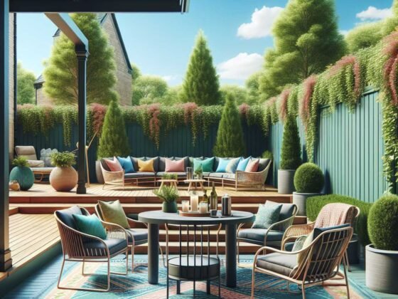 A vibrant outdoor patio with secured, tastefully furnished furniture including a sturdy table, comfortable chairs, an outdoor rug, and potted plants.