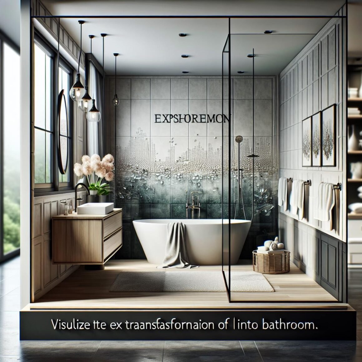 A modern, luxurious bathroom with sleek fixtures, elegant tiles, and a serene ambiance.