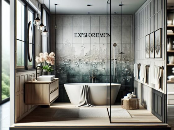 A modern, luxurious bathroom with sleek fixtures, elegant tiles, and a serene ambiance.