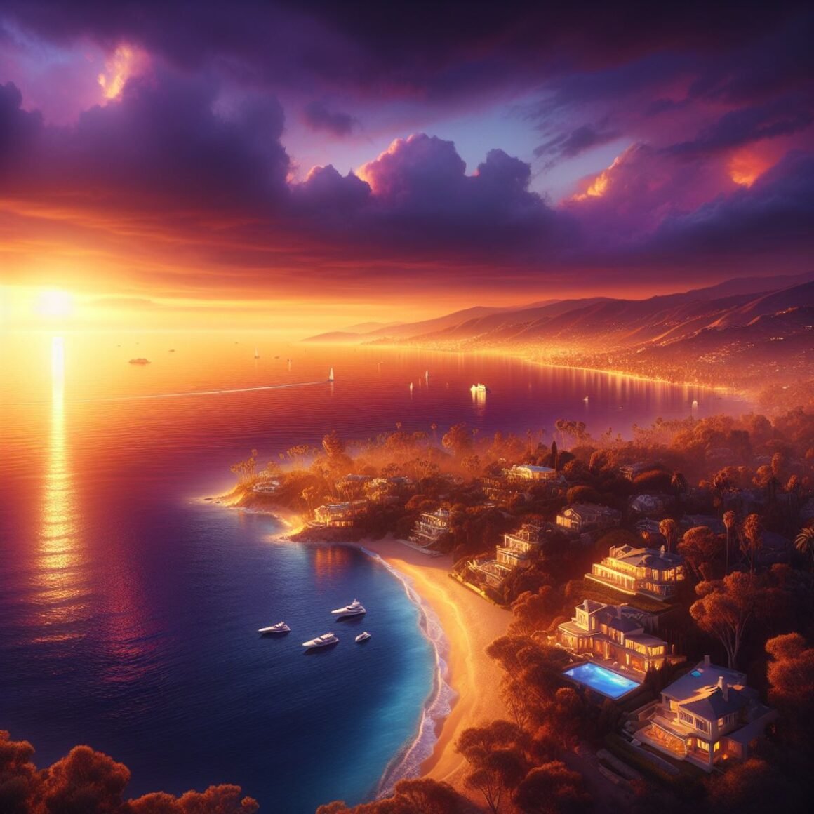 Golden coastline at sunset with upscale properties, calm ocean waters, and yachts in the distance.