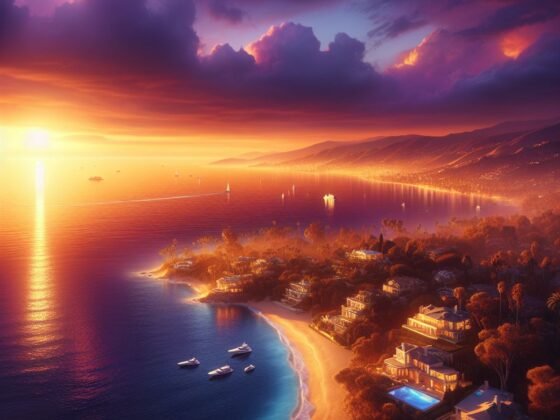 Golden coastline at sunset with upscale properties, calm ocean waters, and yachts in the distance.