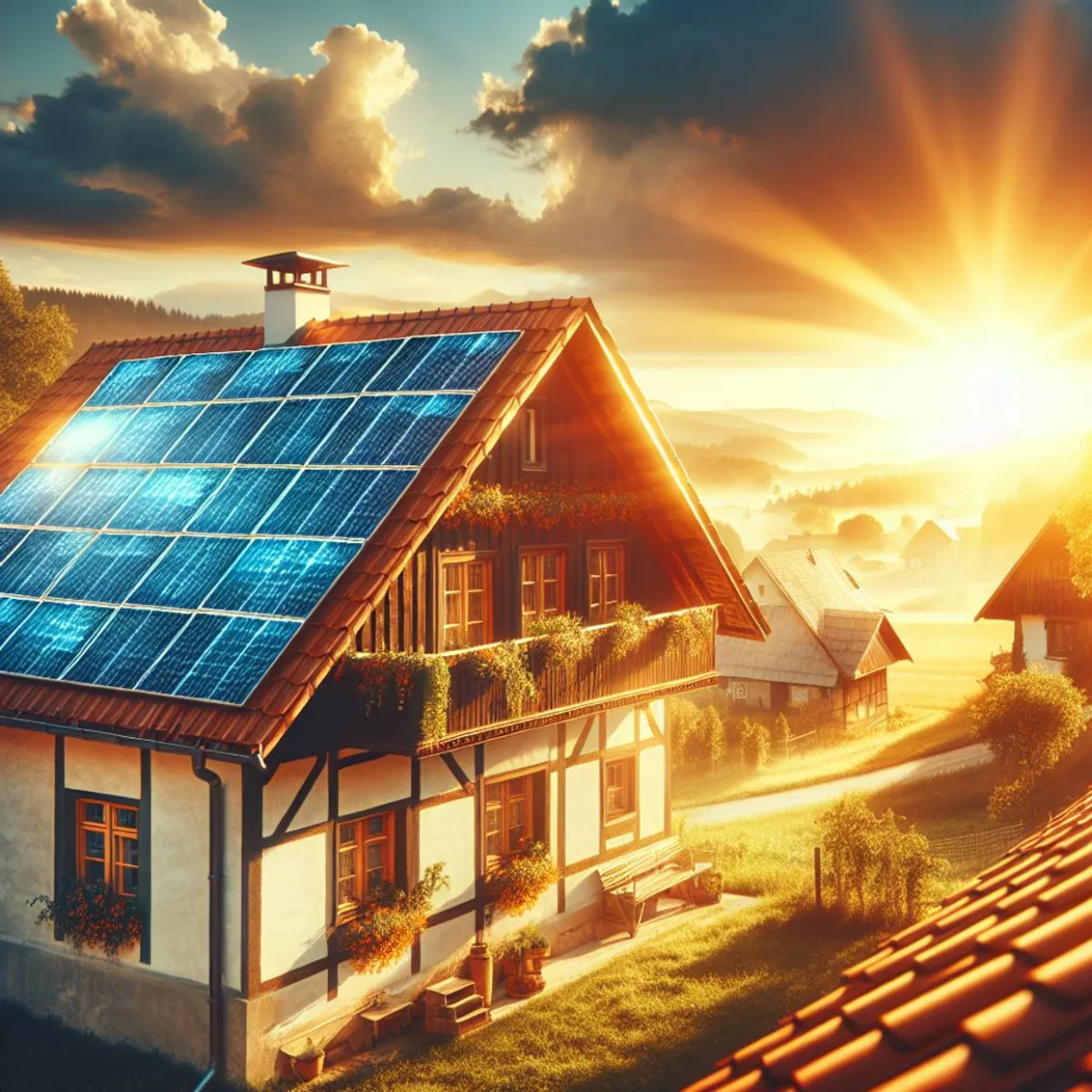 Solar panels on a countryside rooftop absorbing sunlight.