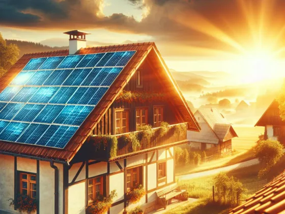 Solar panels on a countryside rooftop absorbing sunlight.