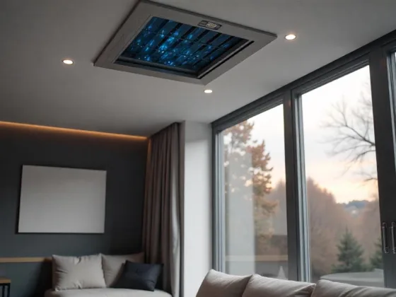 A state-of-the-art air conditioning unit integrated into the ceiling of a contemporary living room on a cloudy autumn day, with soft, diffused light and a smart thermostat showing energy usage statistics.