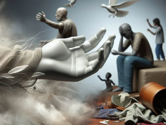 A hand reaching out in a compassionate gesture with a backdrop of turmoil and domestic violence symbols.