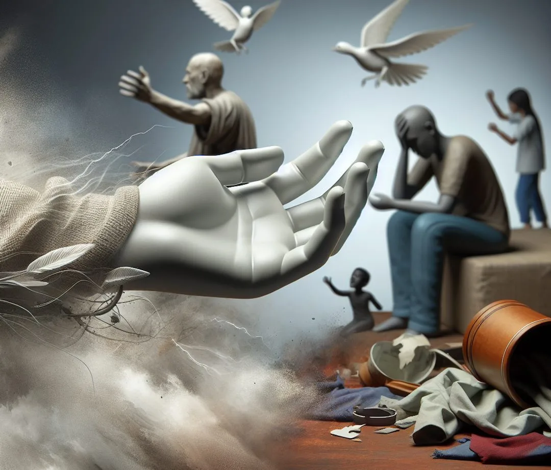 A hand reaching out in a compassionate gesture with a backdrop of turmoil and domestic violence symbols.