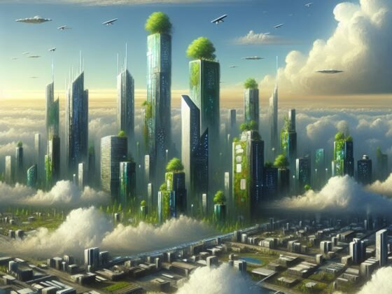 A futuristic green city skyline against a cloudy sky.