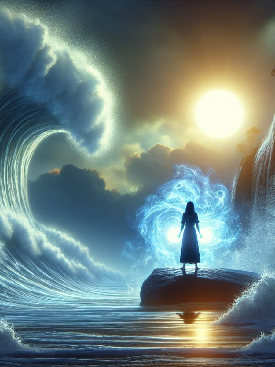 A woman stands on the edge of the sea facing a massive wave, representing anxiety, while a glowing aura symbolizes her strength and resilience.