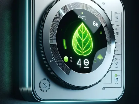 A modern thermostat displaying a green leaf symbol for energy efficiency and cost savings.
