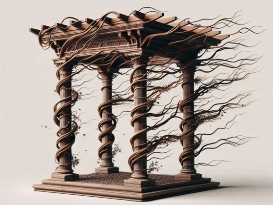 A pergola with climbing vines swaying in the wind.