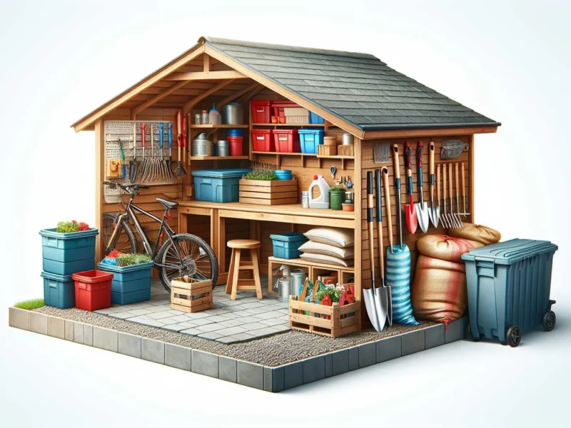A well-structured storage shed with a workbench, plastic bins, gardening tools, compost bags, fertilizers, and neatly placed bicycles.