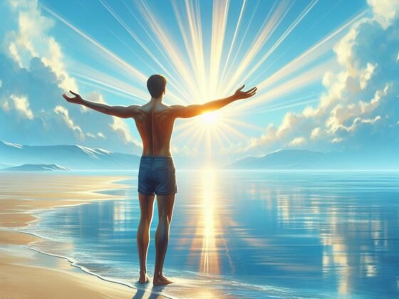 A man standing at the edge of a tranquil beach with outstretched arms, welcoming the sunlight and embodying liberty.