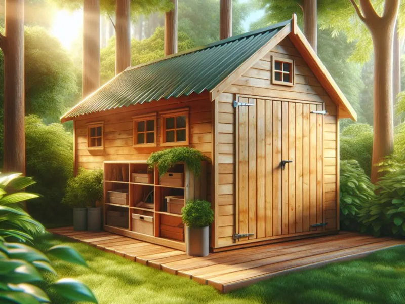 A wooden shed nestled in a lush backyard surrounded by trees and greenery.