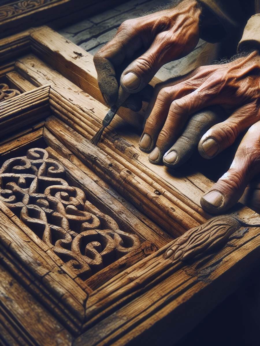 Skilled craftsman restoring an aged, wooden window frame.