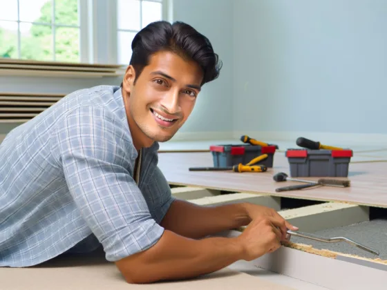 A man smiling while working on a home improvement project.