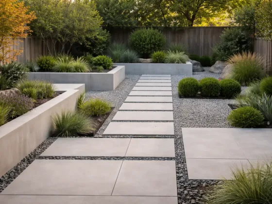 modern backyard hardscape design with concrete stepping stone pathway and gravel layout zones