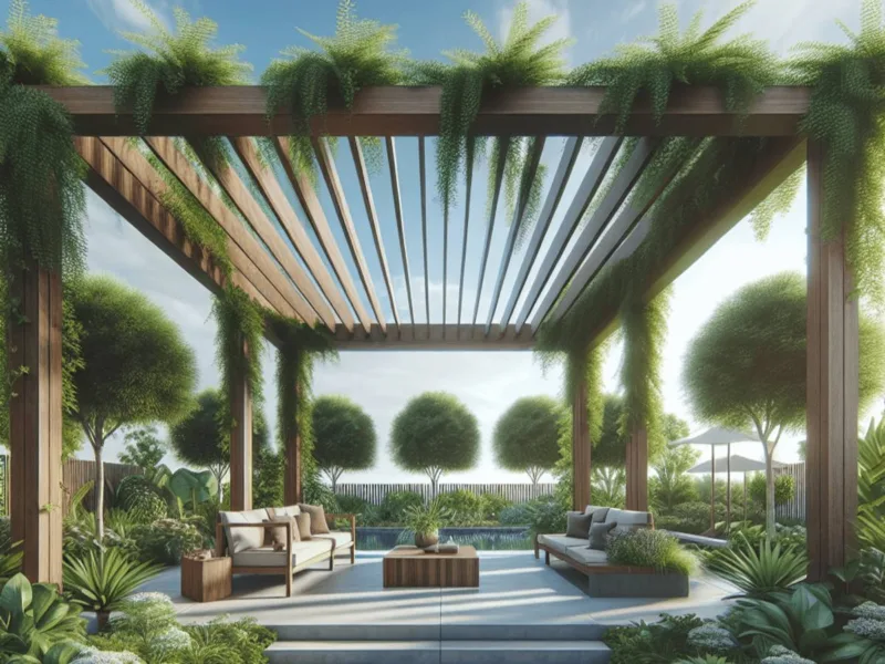 A contemporary pergola with vertical posts supporting a shaded walkway, surrounded by lush green plants, featuring wooden benches and comfortable outdoor loungers, creating an inviting atmosphere for relaxation in a picturesque backyard.