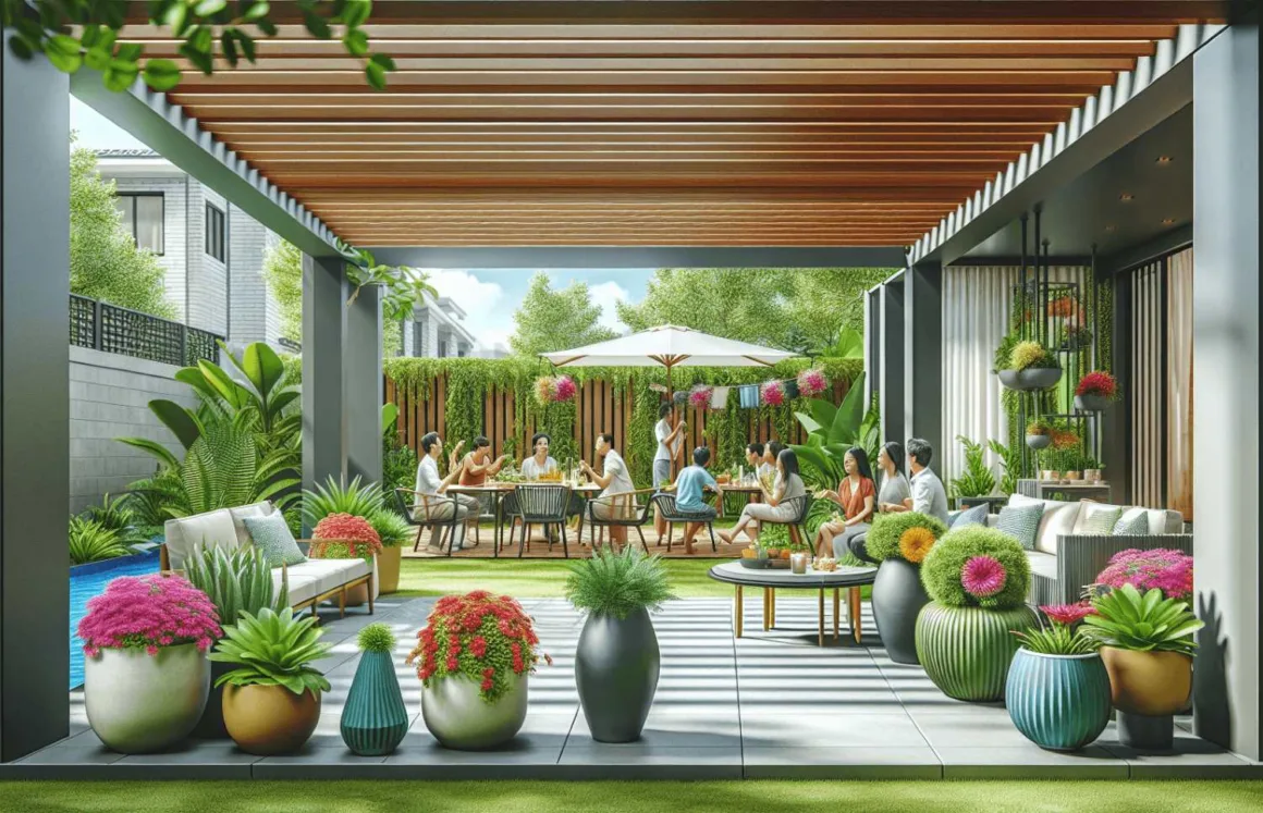 A modern backyard featuring an elegantly designed pergola surrounded by lush green plants and vibrant flower pots. A diverse group of people, including individuals of Caucasian and Hispanic descent, are gathered underneath the pergola, enjoying each other's company in a warm and welcoming atmosphere. The scene captures the essence of socialization and outdoor enjoyment.