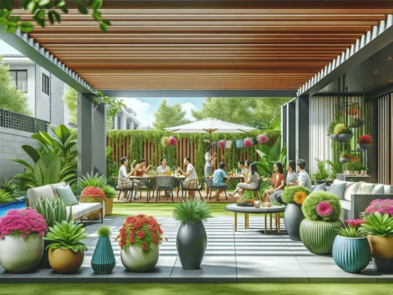 A modern backyard featuring an elegantly designed pergola surrounded by lush green plants and vibrant flower pots. A diverse group of people, including individuals of Caucasian and Hispanic descent, are gathered underneath the pergola, enjoying each other's company in a warm and welcoming atmosphere. The scene captures the essence of socialization and outdoor enjoyment.