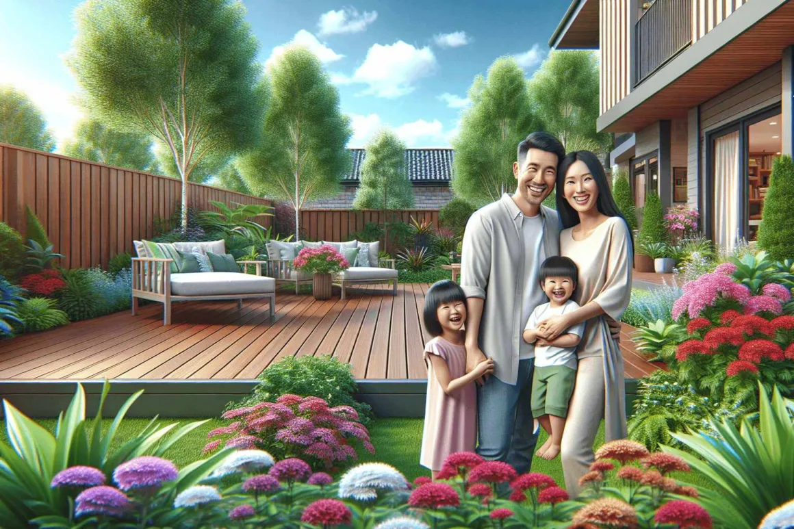 A beautifully designed backyard features an elegant wooden deck with intricately detailed skirting, surrounded by vibrant green plants and various colorful flowers.