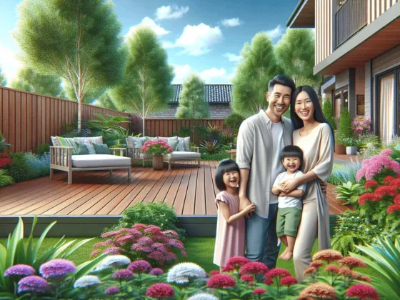 A beautifully designed backyard features an elegant wooden deck with intricately detailed skirting, surrounded by vibrant green plants and various colorful flowers.