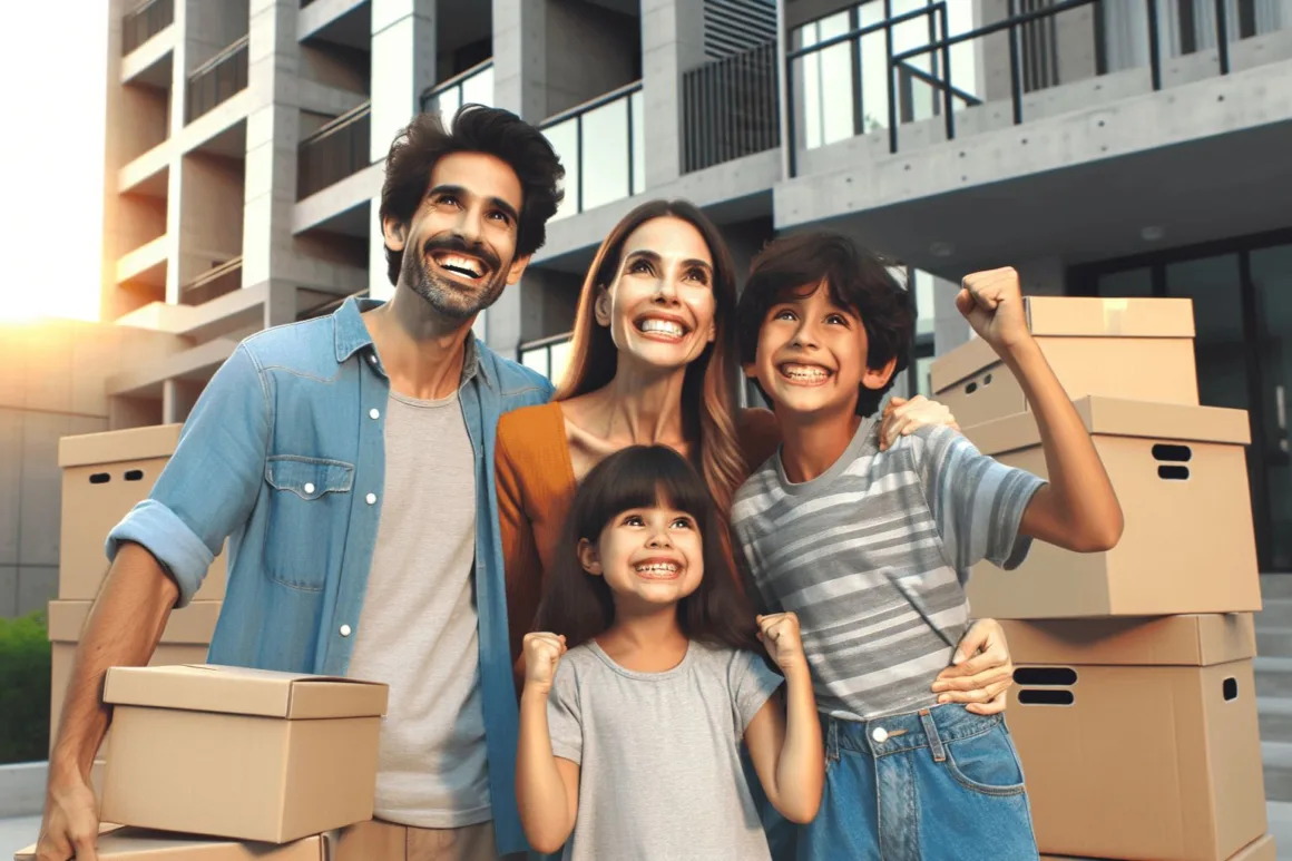 A joyful and diverse family stands in front of a modern apartment building. They are surrounded by packed moving boxes, symbolizing their excitement and eagerness as they embark on a new chapter in their lives. The family's expressions radiate unity and anticipation for their new home.