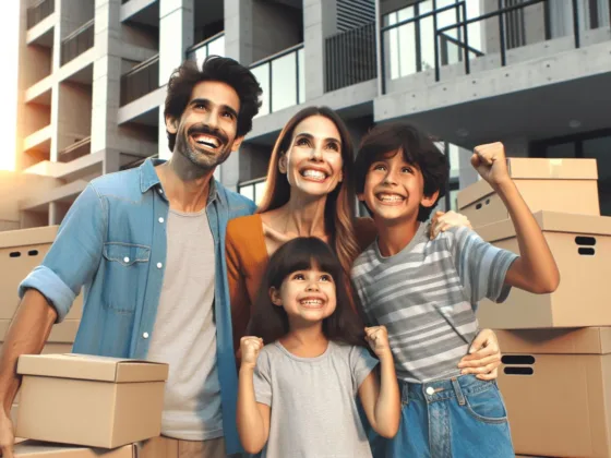 A joyful and diverse family stands in front of a modern apartment building. They are surrounded by packed moving boxes, symbolizing their excitement and eagerness as they embark on a new chapter in their lives. The family's expressions radiate unity and anticipation for their new home.