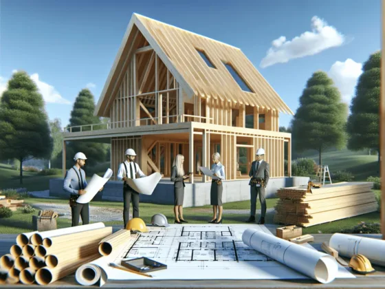 A 3D render of a modern wood-framed house in early construction stages, featuring neatly stacked piles of lumber and various construction materials in the foreground. A Caucasian architect in safety gear examines blueprints while an East Asian builder, also in safety gear, engages in discussion over the plans. Blueprints are spread out on a table but remain unreadable. The backdrop showcases lush green trees and a clear blue sky, highlighting sustainable home-building practices.