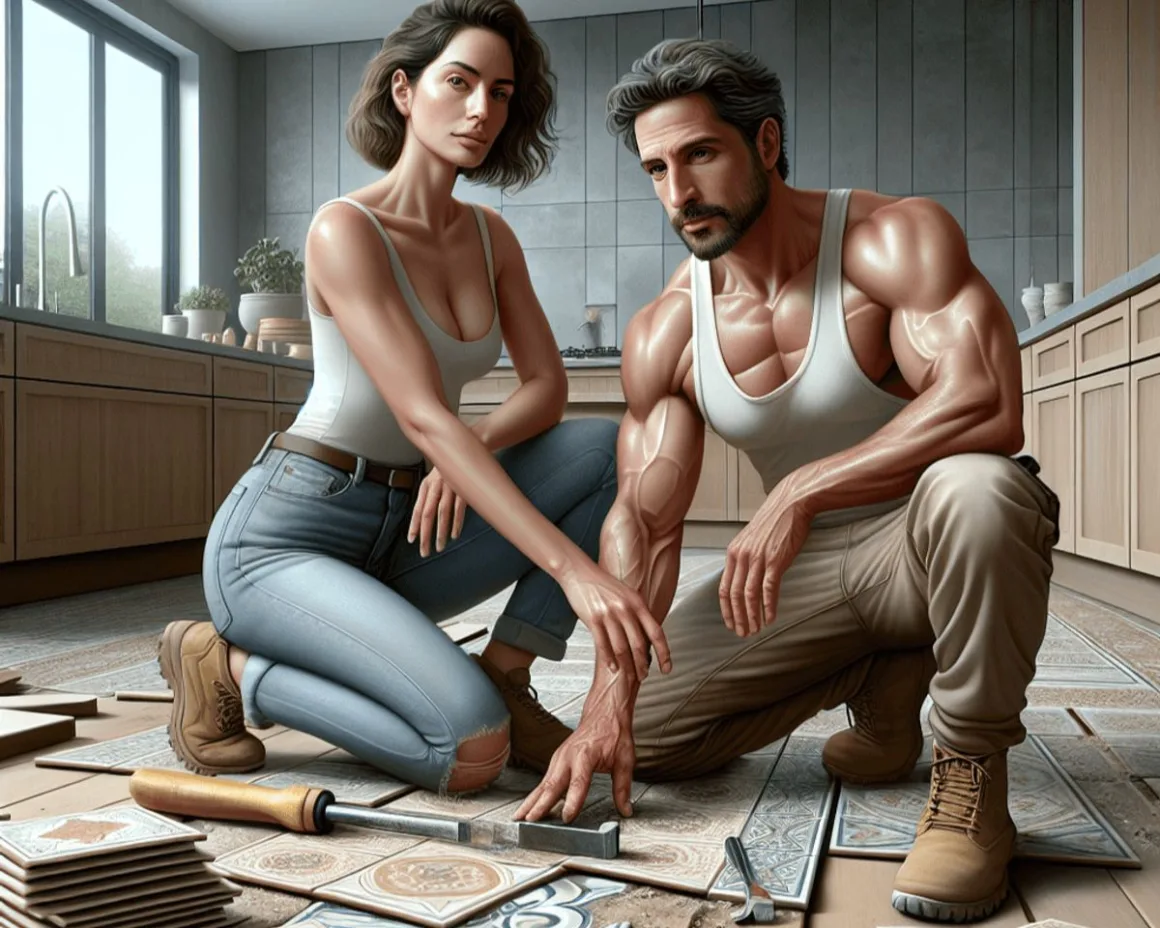 Working together to remove old tiles from a modern, well-lit room floor. They are using tools like a chisel and hammer, demonstrating strong teamwork as they engage in home improvement. Stacked to one side are tiles that have already been removed, highlighting their ongoing project in this comfortable domestic space.