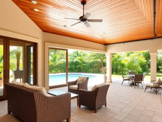 Covered patio with wicker furniture, a pool, and lush greenery visible through large sliding glass doors.