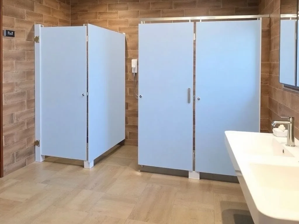 A commercial bathroom with plastic partitions and a light blue color scheme.