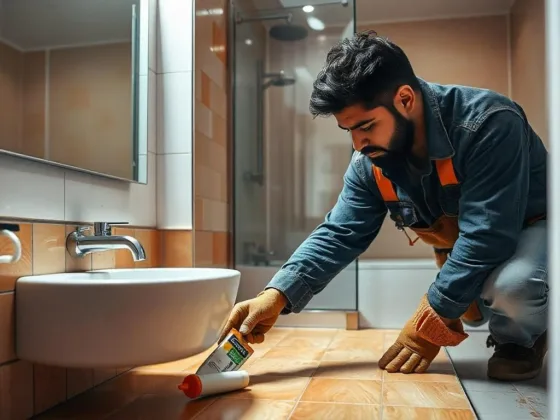 Applying adhesive for vinyl flooring in a bathroom.