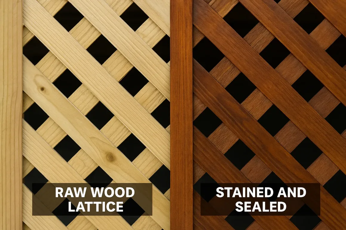 Finished stained wood lattice installed on backyard deck.