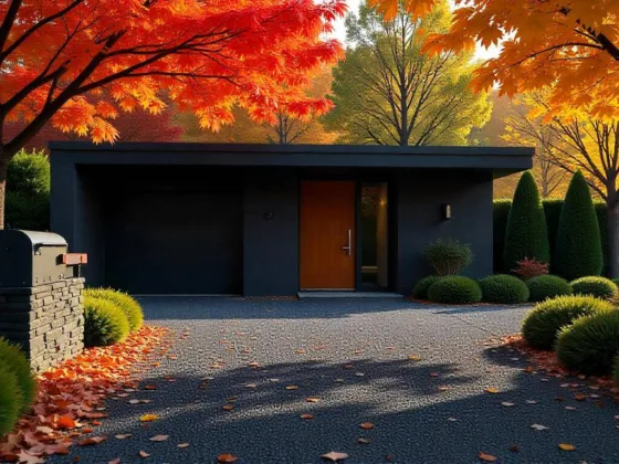 Crushed black basalt driveway in minimalist design, reflecting the vibrant colors of autumn leaves.