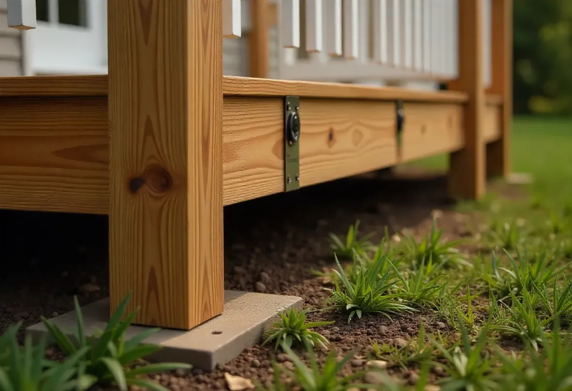 Deck posts secured with brackets to structure and set in concrete for lattice framework.