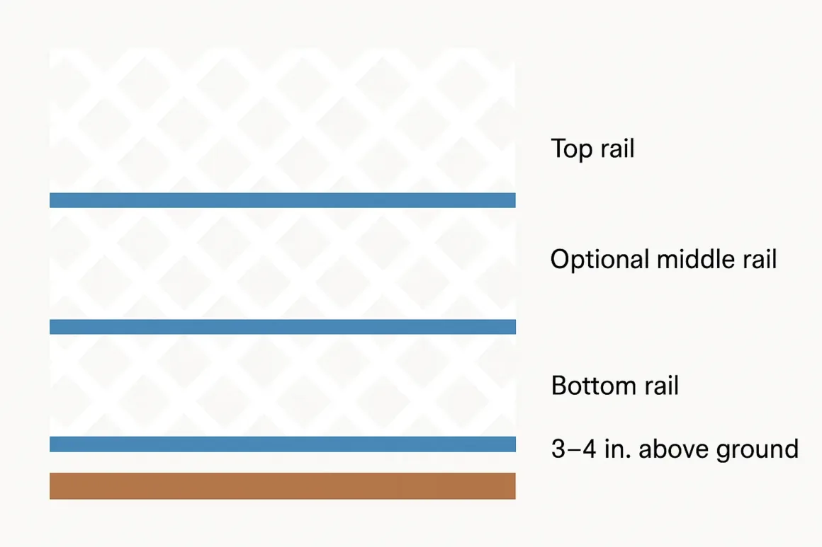 Rails attached between deck posts forming frame for lattice panels.