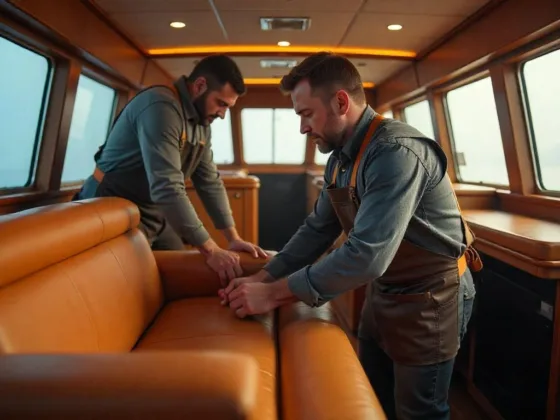 A yacht's interior being fitted in a factory. Upholsterers are installing plush leather seating.