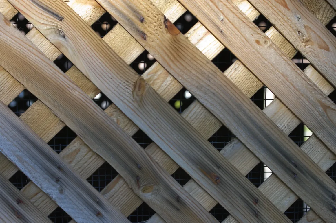 Close-up of a wooden lattice panel with diagonal crisscross pattern, showing natural wood grain and texture.