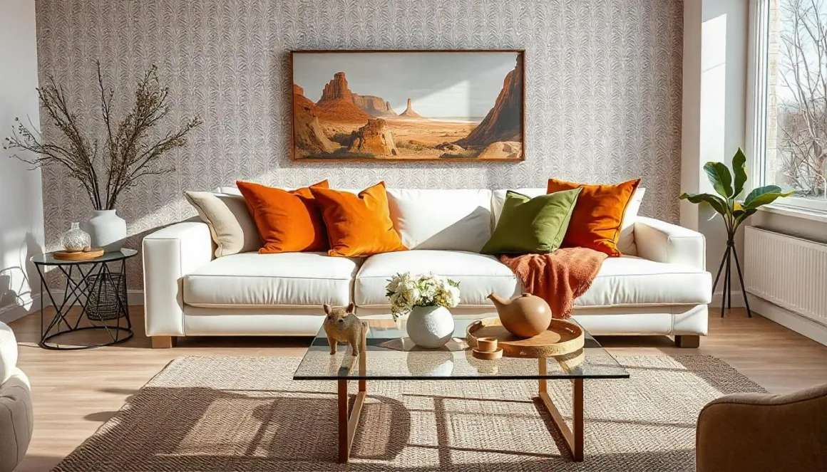 A modern living room with earthy neutrals and pops of colour, displaying a white leather sofa with burnt orange and olive green cushions, a glass coffee table with minimalist decor, and a geometric patterned wallpaper, during a clear spring day.
