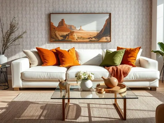 A modern living room with earthy neutrals and pops of colour, displaying a white leather sofa with burnt orange and olive green cushions, a glass coffee table with minimalist decor, and a geometric patterned wallpaper, during a clear spring day.